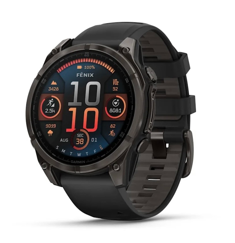 Garmin Fenix8 Watch – 47 mm, AMOLED Sapphire, Carbon Grey DLC Titanium with Black/Pebble Grey Silicone Band 